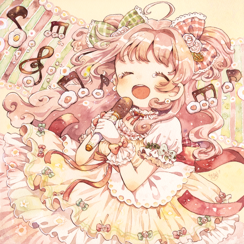 1girl, ahoge, bow, chibi, choker, closed_eyes, crying, curly_hair