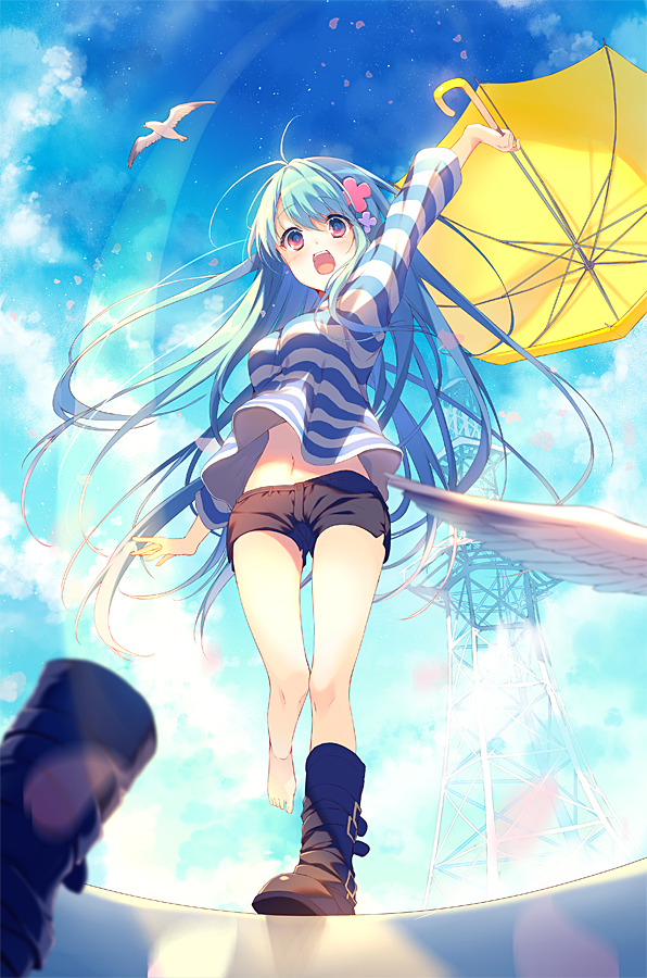 1girl, :d, akihabara_denpatou, antenna_hair, arm_up, bangs, barefoot, blue_hair