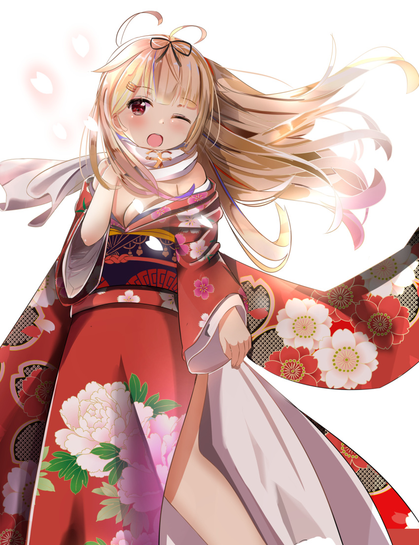 ahoge, blonde_hair, breasts, cherry_blossoms, cleavage, eyebrows_visible_through_hair, floral_print, hair_flaps
