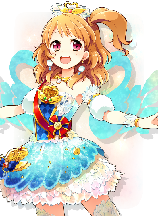 1girl, :d, aikatsu!, bird, blush, brown_hair, cowboy_shot, crown