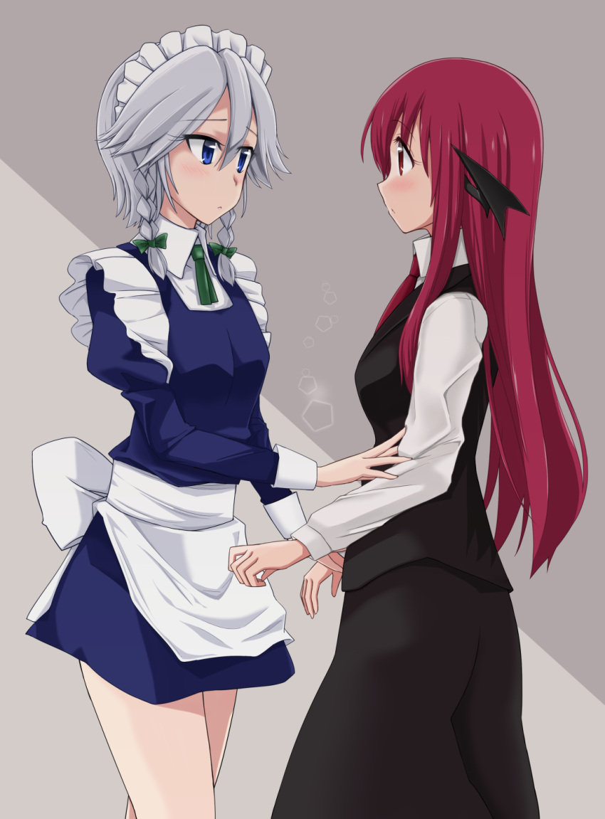 2girls, 3692materia, bangs, black_skirt, black_vest, blue_dress, blue_eyes, blush