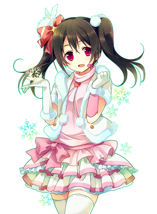 1girl, asymmetrical_gloves, black_hair, bow, cowboy_shot, frilled_skirt, frills, fur_trim, gloves, hair_bow, hair_ornament, headset, idol, looking_at_viewer, love_live!, love_live!_school_idol_project, open_mouth, pom_pom_(clothes), red_eyes, shiro_(m0c_0m), simple_background, skirt, smile, snow_halation, snowflakes, solo, thigh-highs, twintails, white_background, white_legwear, yazawa_nico