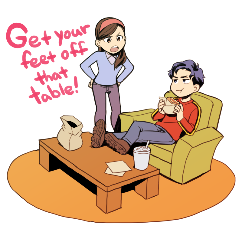 1boy, 1girl, bag, billy_batson, black_hair, blue_eyes, boots, brown_boots