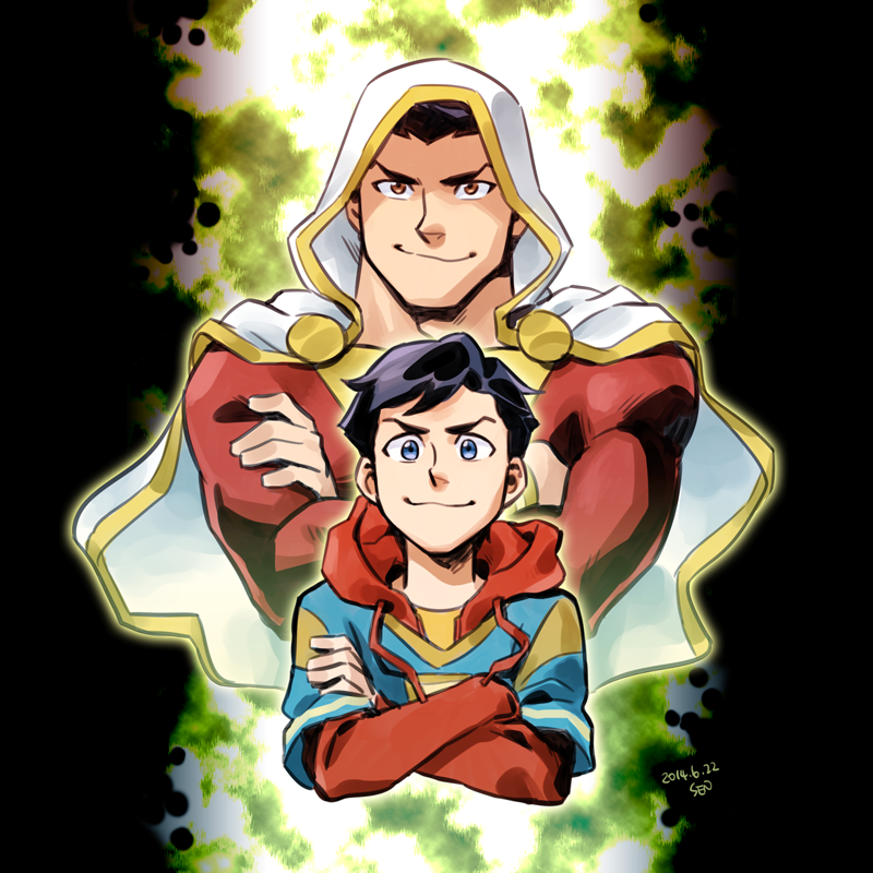 2boys, artist_name, billy_batson, black_hair, blue_eyes, brown_eyes, cape, crossed_arms, dated, dc_comics, dual_persona, hood, male_focus, multiple_boys, muscle, sen_(sen69), shazam, signature, smile, smirk, superhero, sweater, upper_body