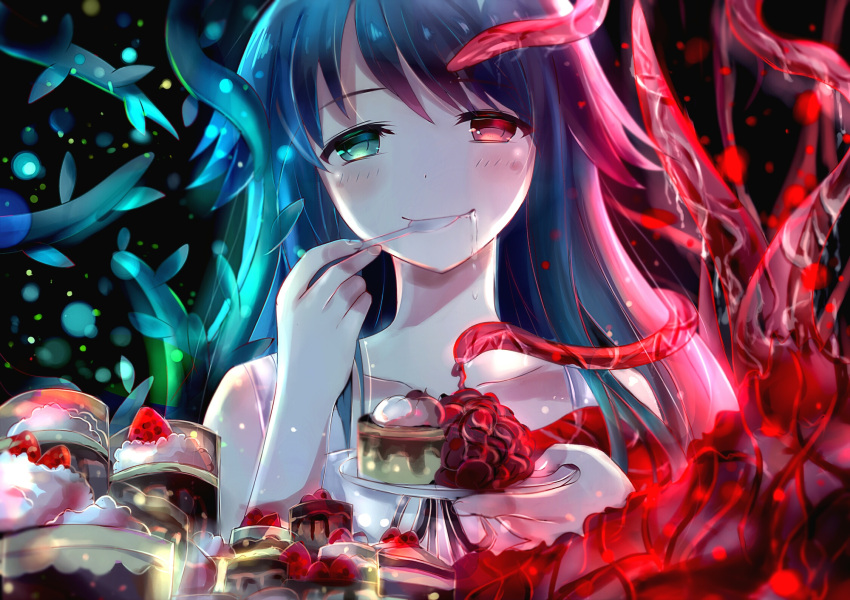 1girl, blush, cake, collarbone, drooling, eating, food, fruit, green_eyes, green_hair, hair_flaps, head_tilt, heterochromia, highres, holding, holding_plate, holding_spoon, kuuhaku, light_particles, long_hair, plate, red_eyes, saya, saya_no_uta, sketch, slice_of_cake, solo, strawberry, tentacle, upper_body