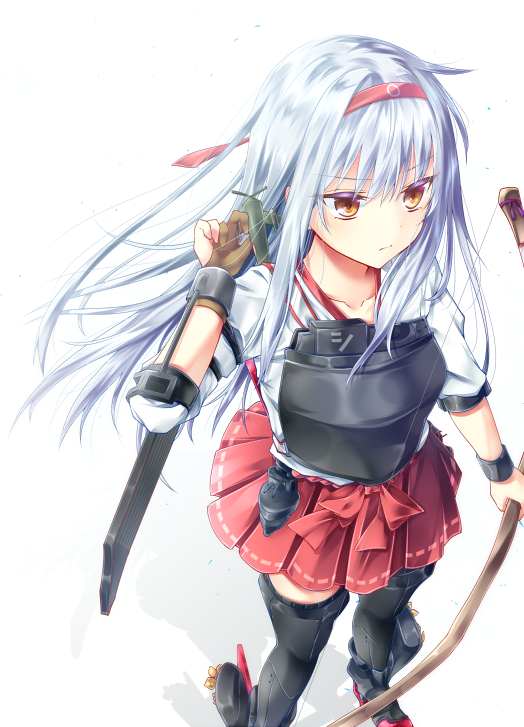 >:(, 1girl, aircraft, bangs, black_legwear, boots, bow_(weapon), brown_eyes