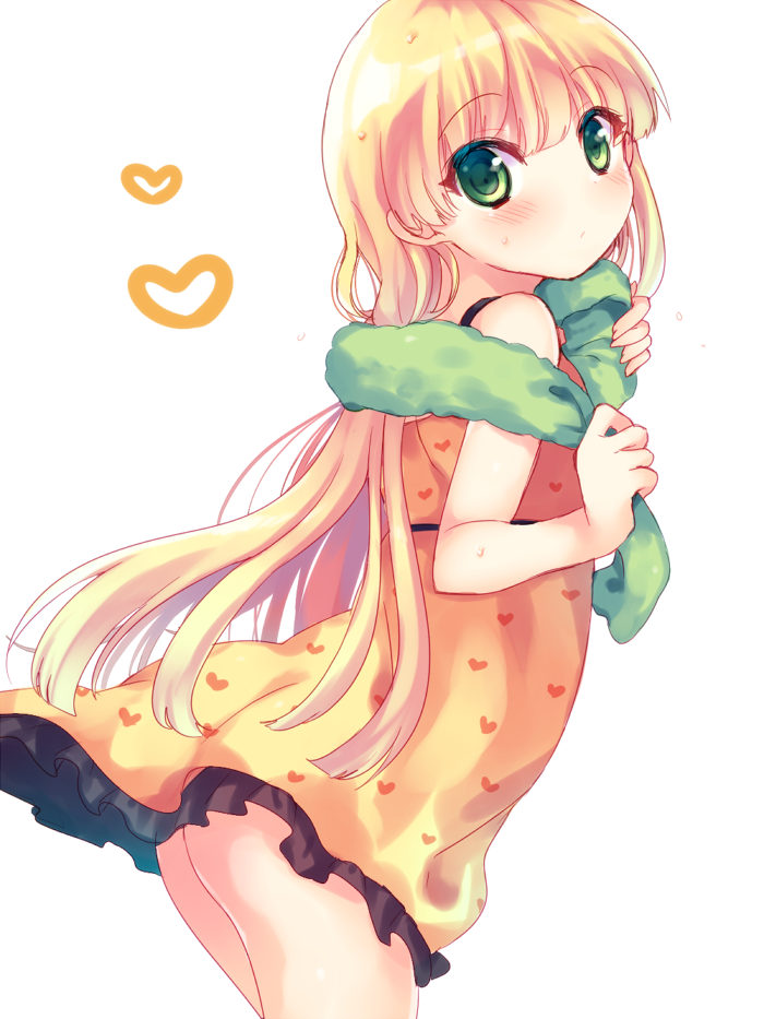1girl, blonde_hair, blush, green_eyes, hair_down, heart, heart_print, idolmaster