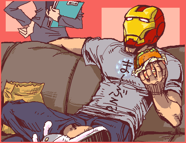 bunny_slippers, clipboard, couch, crossover, food, formal, hamburger, hand_on_hip, iron_man, marvel, mask, mentos_(snatch), paper_bag, parody, pepper_potts, suit, t-shirt, tentai_senshi_sunred, usakotsu