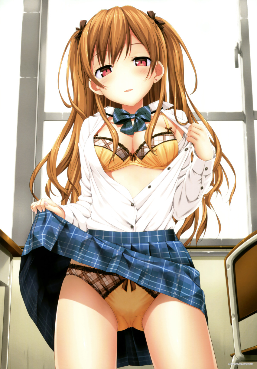 1girl, absurdres, blush, bow, bow_bra, bow_panties, bowtie, bra, breasts, brown_hair, chair, cleavage, desk, dress_shirt, ear_piercing, hair_bow, hair_ribbon, highres, lifted_by_self, medium_breasts, melonbooks, open_clothes, open_mouth, open_shirt, opened_by_self, panties, partially_unbuttoned, piercing, plaid, plaid_skirt, plaid_trim, red_eyes, ribbon, school_chair, school_desk, school_uniform, shirt, skirt, skirt_lift, smile, solo, standing, takayaki, two_side_up, underwear, window, yellow_bra, yellow_panties