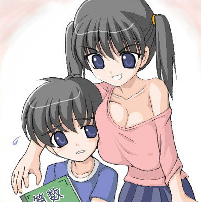 1boy, 1girl, arm_around_shoulder, bare_shoulders, black_hair, blue_eyes, book, breast_press