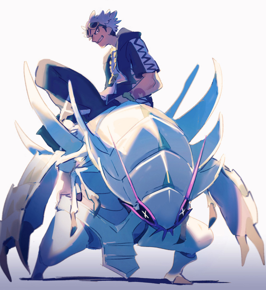 1boy, chains, full_body, gold_chain, golisopod, grin, guzuma_(pokemon), highres