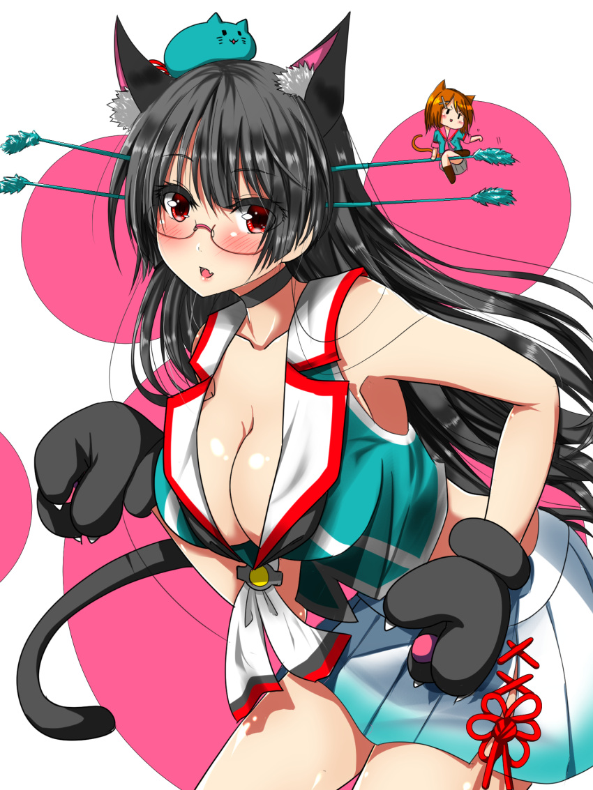 2girls, animal_ears, ar_(lover_boy), armpits, bangs, bare_shoulders, black_gloves, black_hair