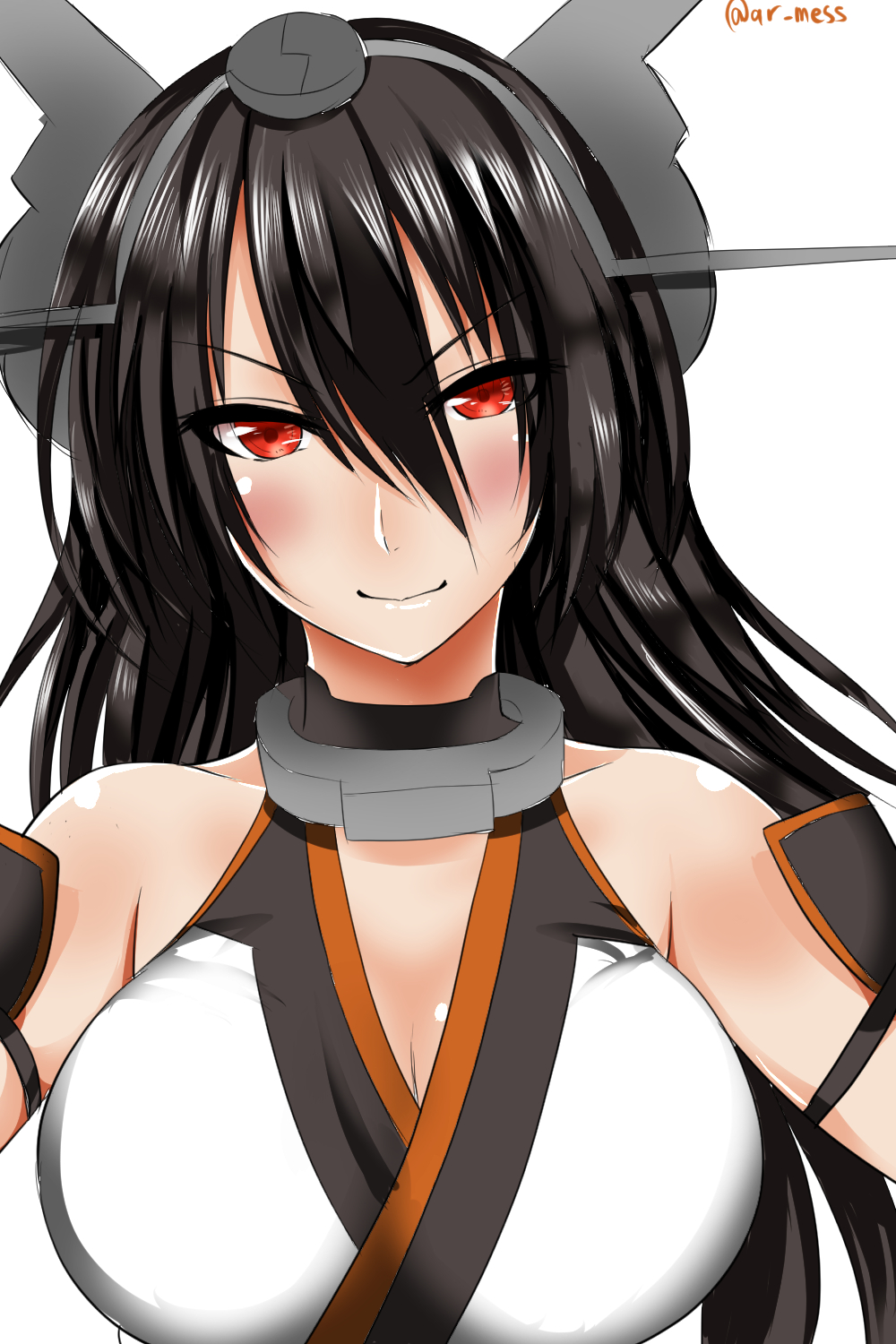 >:), 1girl, ar_(lover_boy), bangs, bare_shoulders, black_hair, blush, breasts