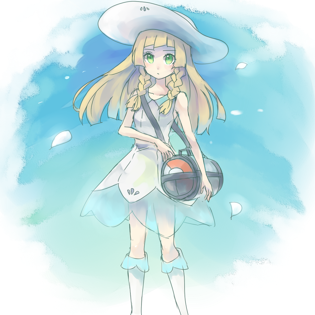 1girl, bag, bangs, bare_arms, blonde_hair, blunt_bangs, braid, collarbone, collared_dress, dress, duffel_bag, green_eyes, handbag, hat, kneehighs, lillie_(pokemon), long_hair, petals, poke_ball_theme, pokemon, pokemon_(game), pokemon_sm, ritsuki_mino, see-through, sleeveless, sleeveless_dress, solo, standing, sun_hat, sundress, twin_braids, white_dress, white_hat, white_legwear