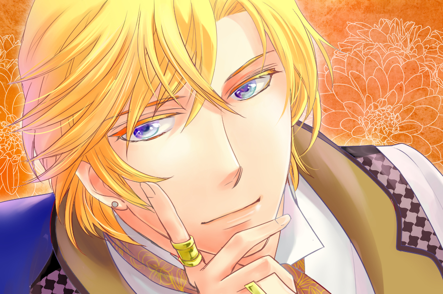 blonde_hair, blue_eyes, darius_(harukanaru_toki_no_naka_de_6), earrings, flower, harukanaru_toki_no_naka_de, harukanaru_toki_no_naka_de_6, jewelry, mae10yoko, portrait, ring
