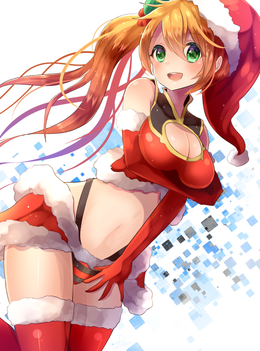 1girl, bare_shoulders, breast_hold, breasts, cleavage, cleavage_cutout, crop_top, detached_sleeves, fur_trim, gloves, green_eyes, hair_ornament, hat, highleg, highleg_panties, highres, holly_hair_ornament, leilan_(p&amp;d), long_hair, medium_breasts, navel, open_mouth, orange_hair, panties, puzzle_&amp;_dragons, red_gloves, rushin, santa_costume, santa_hat, side_ponytail, smile, solo, thigh-highs, underwear