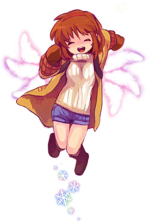 brown_hair, closed_eyes, coat, eitamu_(pixiv45223), hairband, kanon, mattie, mittens, shorts, sweater, tsukimiya_ayu