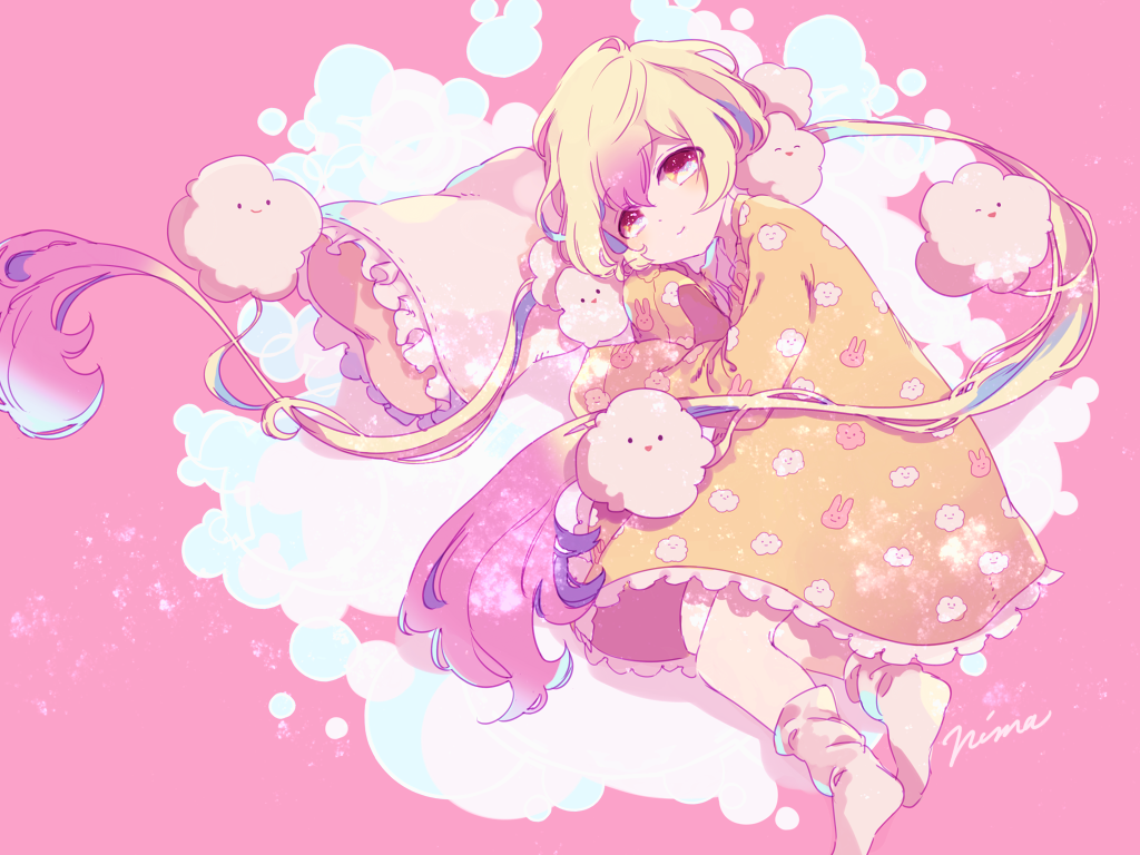 1girl, animal_print, blonde_hair, bunny_print, cloud_print, clouds, hair_ornament, long_hair
