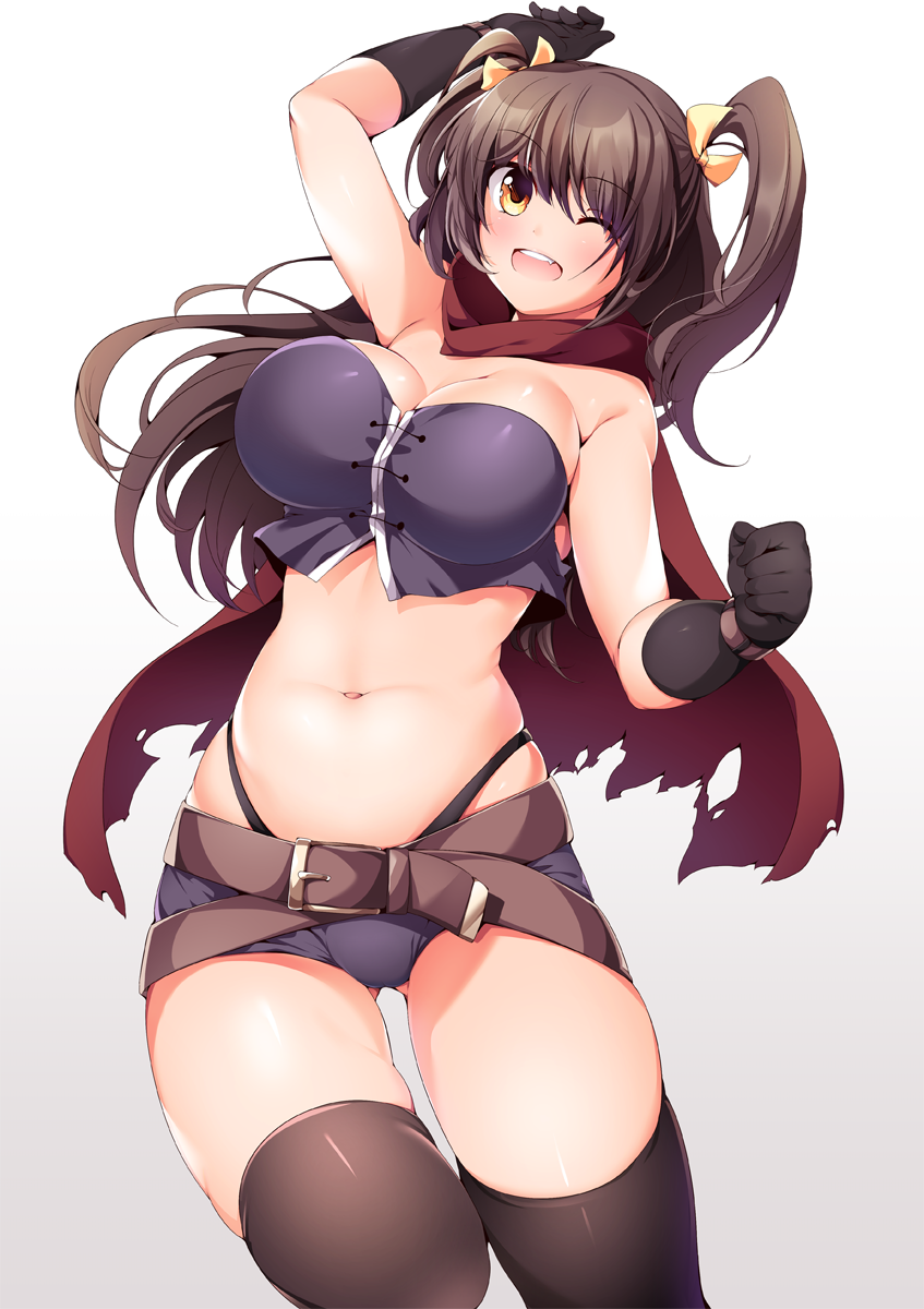 1girl, ;d, arm_up, bangs, bare_shoulders, belt, beltskirt, black_gloves