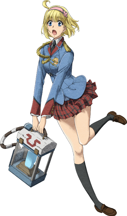 black_legwear, blonde_hair, blue_eyes, cosette_coalhearth, hairband, holding, kneehighs, official_art