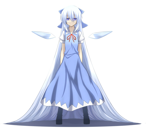 alternate_wings, batsu, blue_dress, blue_eyes, blue_hair, bow, cirno, cirno-nee