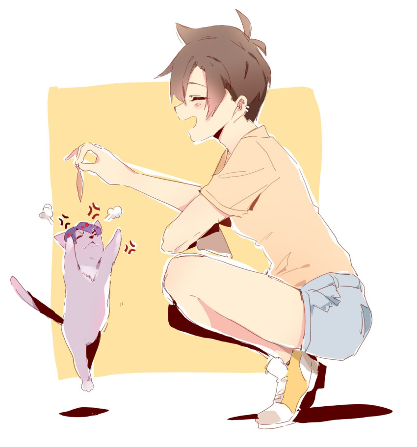 19_0v0, 1girl, anger_vein, animal, animalization, bangs, blue_shorts, blush, brown_hair, cat, closed_eyes, denim, denim_shorts, ear_piercing, fish, food, from_side, head_mounted_display, highres, holding, holding_food, kneeling, open_mouth, overwatch, piercing, shirt, shoes, short_hair, short_shorts, short_sleeves, shorts, smile, solo, spiky_hair, tracer_(overwatch), visor, widowmaker_(overwatch), yellow_shoes