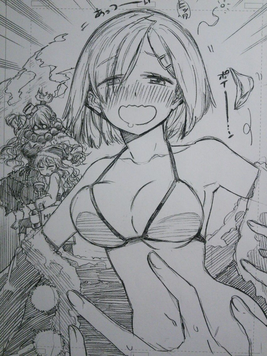 3girls, =_=, aura, bare_shoulders, bikini, blush, bottle, bottomless, bouncing_breasts, breasts, cleavage, convenient_censoring, cosplay, cup, dark_aura, drinking_glass, drooling, drunk, eyes_visible_through_hair, fire, gouki, gouki_(cosplay), graphite_(medium), groin, hair_ornament, hairclip, hamakaze_(kantai_collection), hat, highres, kantai_collection, kojima_takeshi, large_breasts, long_hair, long_sleeves, monochrome, multiple_girls, navel, out-of-frame_censoring, panties, partially_translated, pola_(kantai_collection), removing_jacket, santa_costume, santa_hat, shaded_face, short_hair, street_fighter, sweatdrop, swimsuit, topknot, traditional_media, translation_request, underwear, wavy_hair, wavy_mouth, wine_bottle, wine_glass, zara_(kantai_collection)