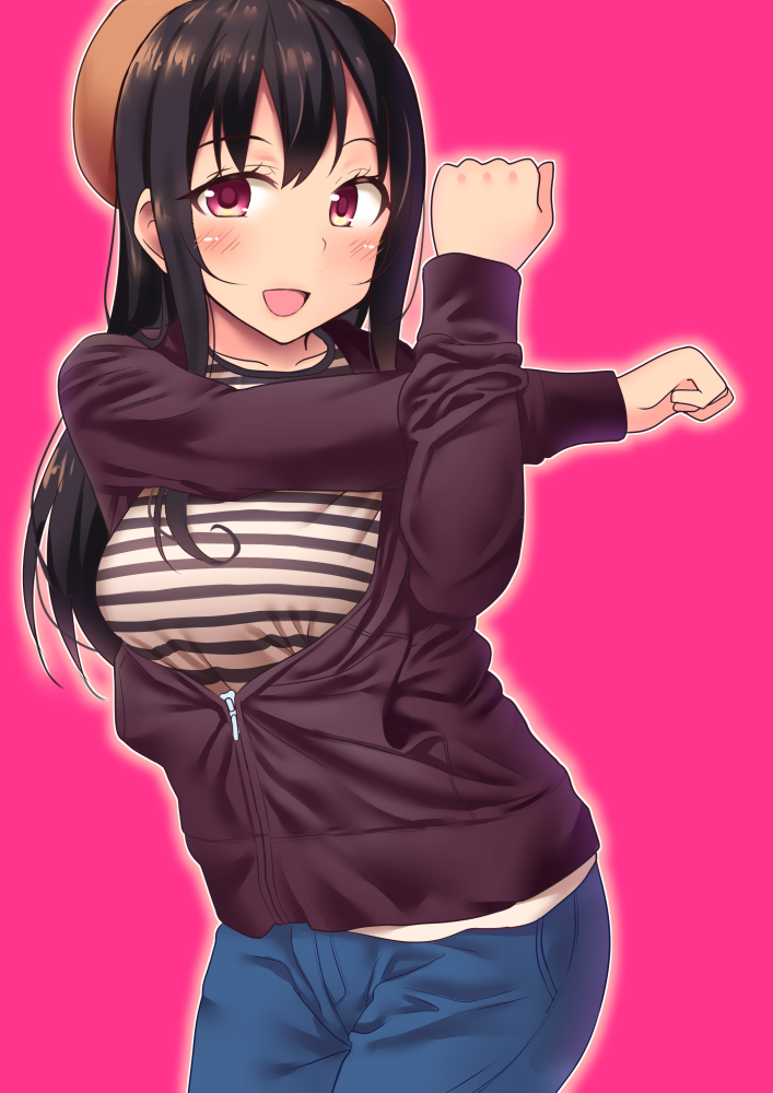 1girl, beret, black_hair, breasts, brown_eyes, hat, hood, hoodie