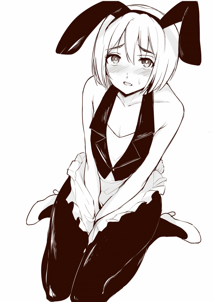 1boy, animal_ears, armin_arlert, bare_shoulders, black_legwear, blush, bunny_tail, collarbone