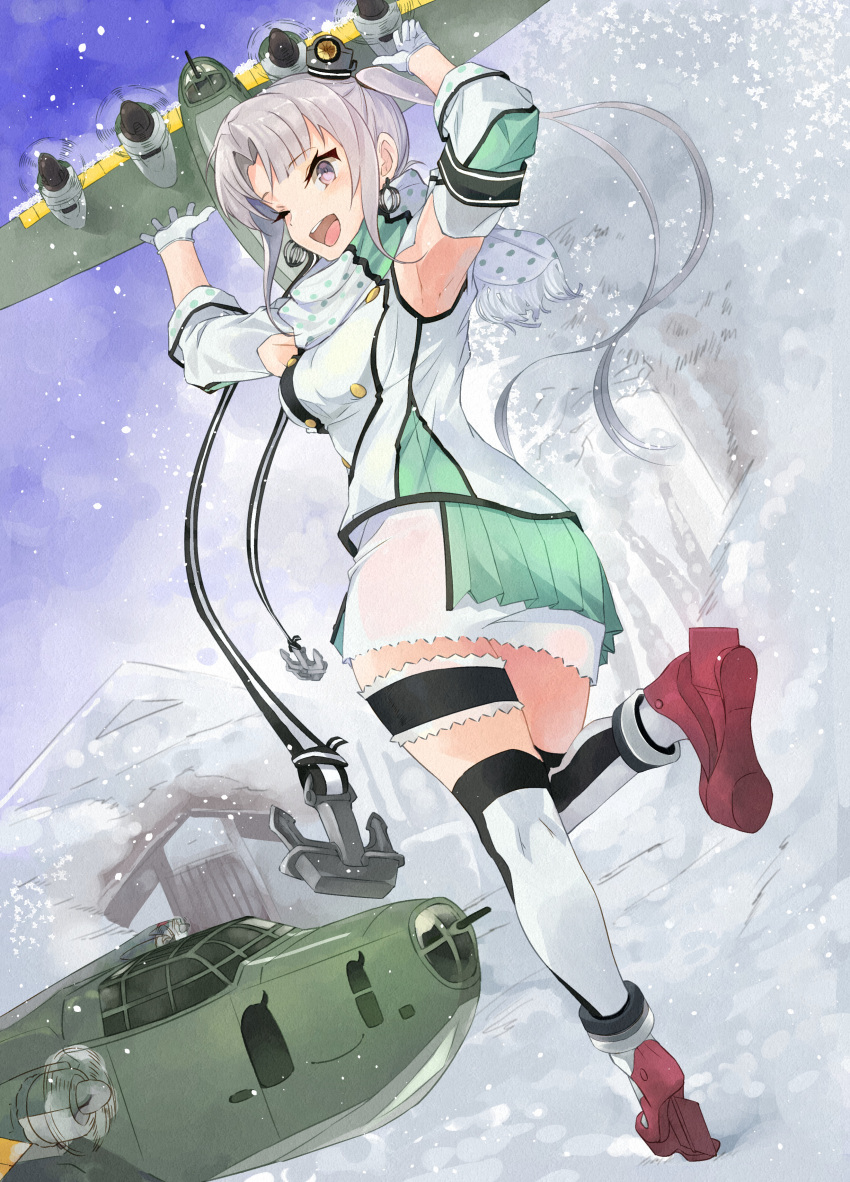 1girl, :d, absurdres, aircraft, airplane, akitsushima_(kantai_collection), anchor, armpits