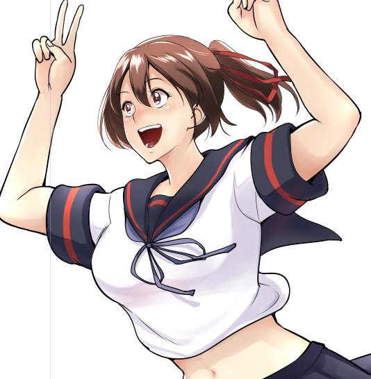 1girl, arms_up, bifidus, brown_eyes, brown_hair, commentary_request, fubuki_(kantai_collection), fubuki_(kantai_collection)_(cosplay)