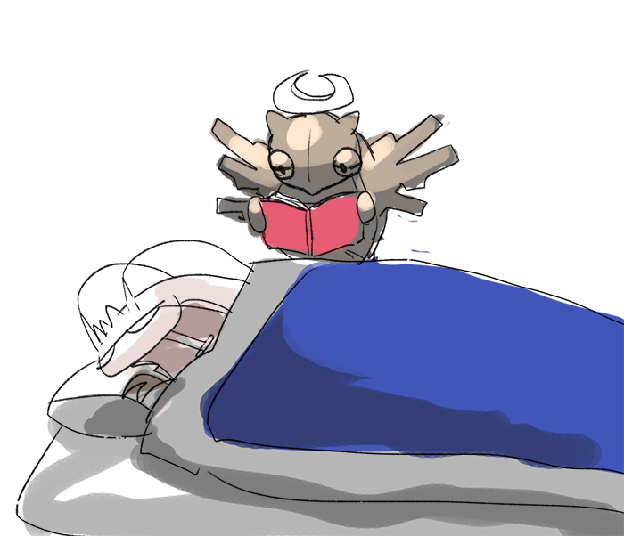 antennae, blanket, book, closed_eyes, cockroach, crescent, holding, holding_book