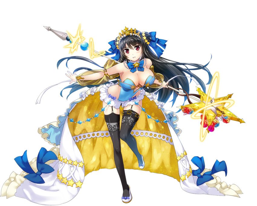 1girl, black_hair, black_legwear, breasts, detached_collar, double_bun, dress, full_body, garter_straps, hair_ribbon, holding, holding_staff, large_breasts, leaning_forward, long_hair, official_art, red_eyes, ribbon, sennen_sensou_aigis, solo, staff, thigh-highs, tiara, towa_(sennen_sensou_aigis), transparent_background, yan-yam