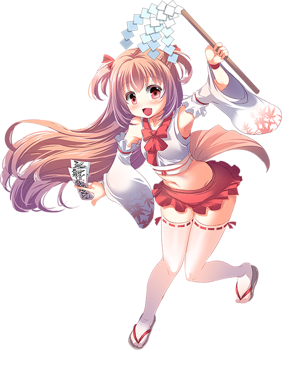 1girl, arm_up, detached_sleeves, fujiyama_takashi, holding, leaf_print, long_hair, midriff