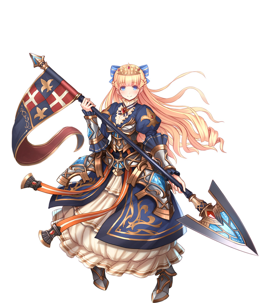 1girl, armor, armored_boots, awakening_(sennen_sensou_aigis), blonde_hair, blue_eyes, boots, braid, dress, french_braid, full_body, highres, holding_spear, long_hair, looking_at_viewer, mireille_(sennen_sensou_aigis), official_art, puffy_sleeves, sennen_sensou_aigis, smile, solo, tedain, tiara