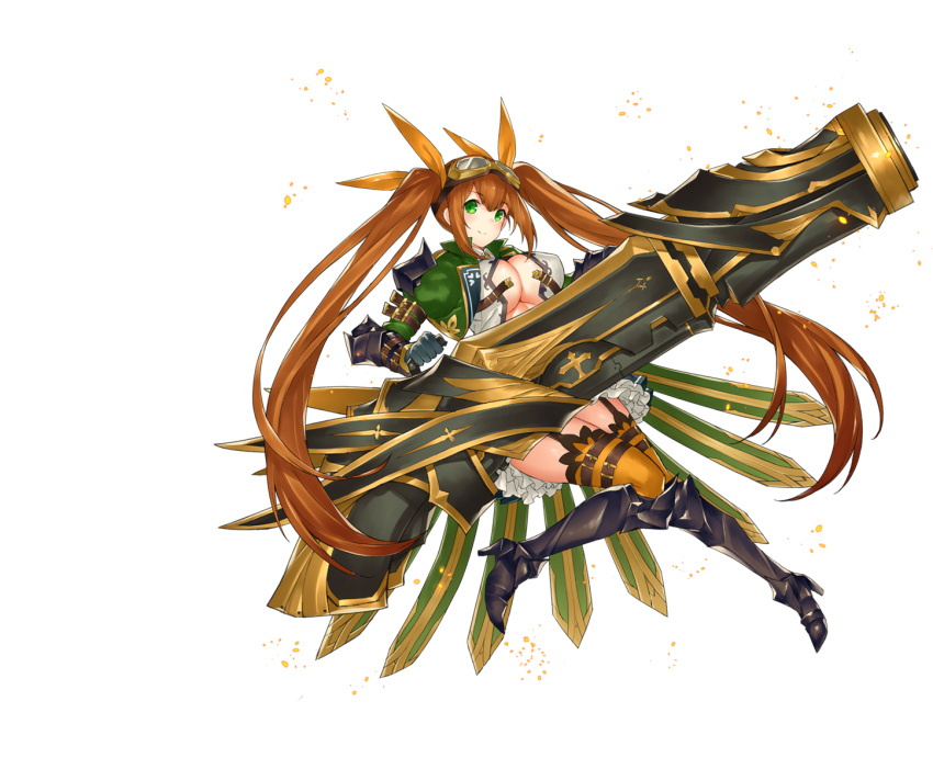 1girl, armor, armored_boots, boots, breasts, brown_hair, frederica_(sennen_sensou_aigis), full_body, garter_straps, gloves, goggles, goggles_on_head, green_eyes, huge_weapon, inayama, large_breasts, long_hair, looking_at_viewer, official_art, sennen_sensou_aigis, smile, solo, thigh-highs, transparent_background, very_long_hair, weapon