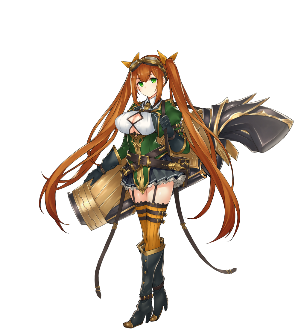 1girl, breasts, brown_hair, cannon, frederica_(sennen_sensou_aigis), full_body, garter_straps, gloves