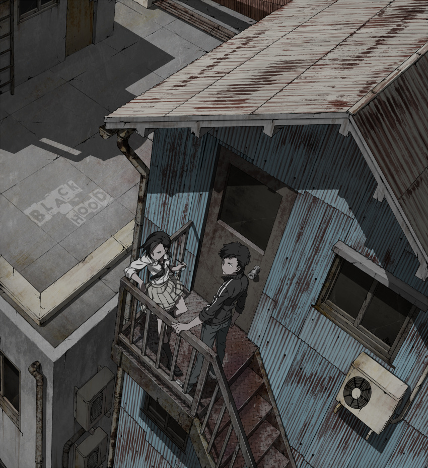 1boy, 1girl, air_conditioner, arm_support, black_hood, black_legwear, building, corrugated_galvanised_iron_sheet, from_above, glasses, glasses_removed, highres, jacket, kamezaemon, kneehighs, leaning_back, looking_afar, looking_to_the_side, necktie, original, pleated_skirt, railing, rooftop, rust, sakuragi_kousuke, shadow, skirt, sleeves_pushed_up, sleeves_rolled_up, stairs