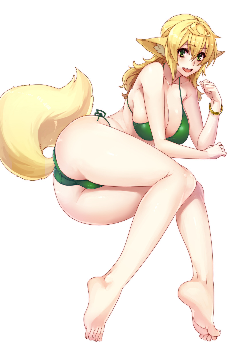 1girl, :d, absurdres, angelo_(gomahangetsu), animal_ears, ass, bare_legs, bare_shoulders, barefoot, bikini, blonde_hair, bracelet, breasts, cleavage, full_body, green_bikini, green_eyes, hair_between_eyes, highres, jewelry, kaori-san_(angelo), large_breasts, long_hair, lying, navel, on_side, open_mouth, original, side-tie_bikini, simple_background, smile, solo, swimsuit, tail, thighs, white_background
