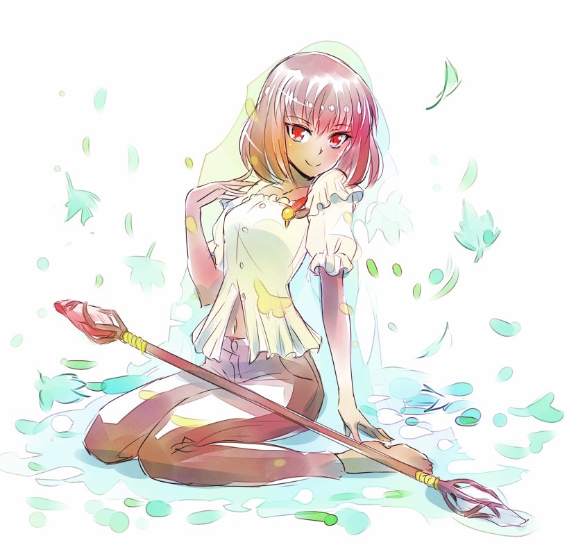 1girl, amber_(rwby), blouse, brown_hair, commentary, falling_leaves, iesupa, navel