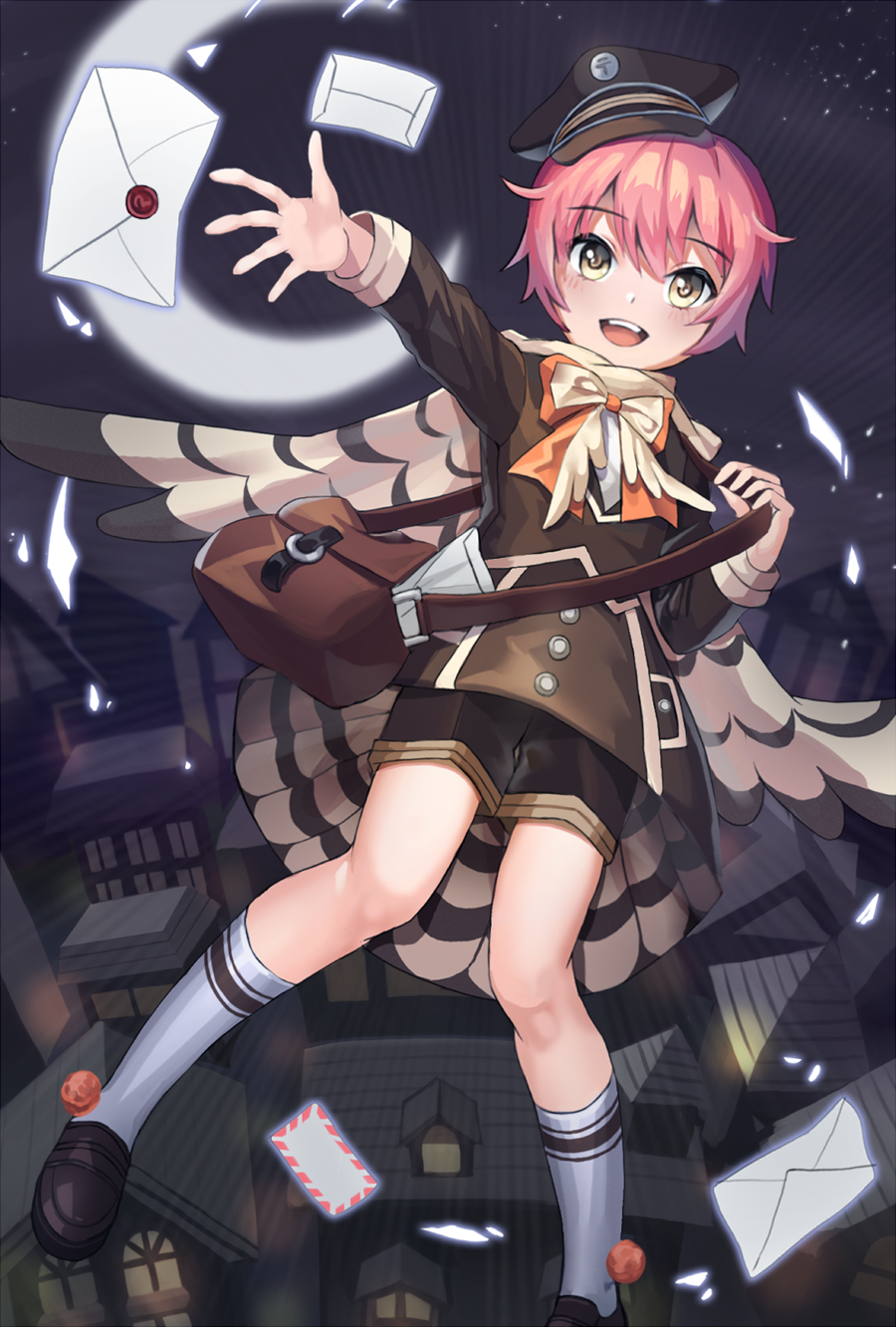 1girl, bag, bird_wings, crescent_moon, feathered_wings, flying, hat, highres