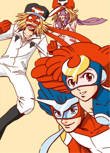 2boys, 2girls, blonde_hair, blue_hair, bodysuit, brown_eyes, gloves, hands_on_own_face
