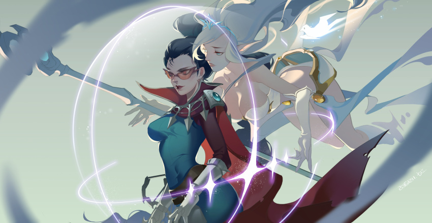2girls, 713, absurdres, bare_shoulders, belt, bird, black_hair, blonde_hair