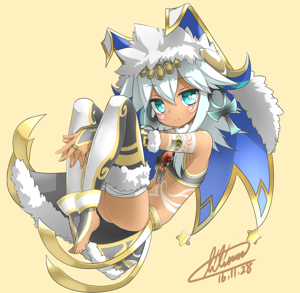1girl, ankh, aqua_eyes, bandage, bare_shoulders, barefoot, blush, bodypaint