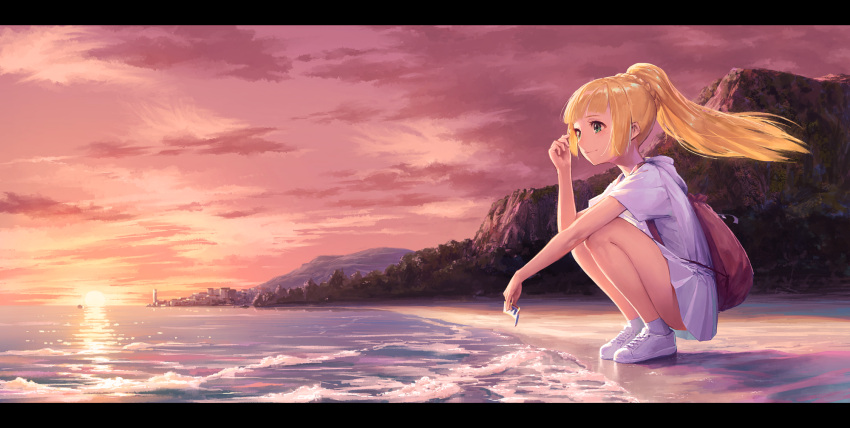 1girl, backpack, bag, beach, blonde_hair, city, cliff, clouds