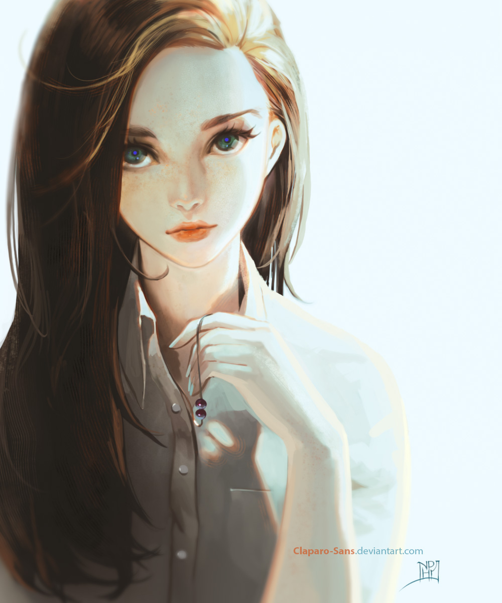 1girl, blue_eyes, bracelet, brown_hair, buttons, collared_shirt, dress_shirt, eyelashes