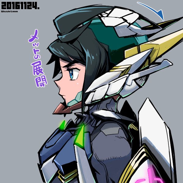 1boy, black_hair, close-up, dated, fujimoto_hideaki, grey_background, gundam, gundam_barbatos