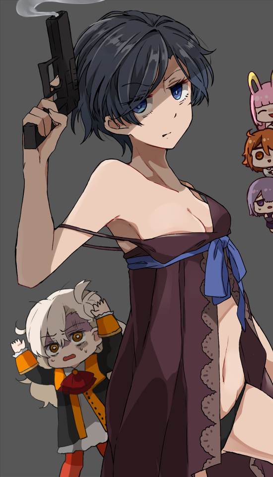 5girls, ^_^, angry, arms_up, babydoll, bangs, black_hair, black_panties, blonde_hair, blue_eyes, blue_ribbon, borrowed_character, breasts, bunnysuit, chibi, cleavage, clenched_teeth, closed_eyes, coat, collarbone, eyebrows_visible_through_hair, fate/grand_order, fate_(series), fujimaru_ritsuka_(female), grey_background, gun, hair_between_eyes, hair_over_one_eye, handgun, long_hair, medium_breasts, multiple_girls, navel, olga_marie, open_mouth, orange_hair, panties, parted_lips, pink_hair, pistol, purin_(purin0), purple_hair, ribbon, riyo_(lyomsnpmp)_(style), riyo_servant_(babydoll), riyo_servant_(bunnygirl), sanpaku, scared, shaded_face, shielder_(fate/grand_order), short_hair, smoke, solo_focus, strap_slip, sweat, sweatdrop, teeth, underwear, weapon