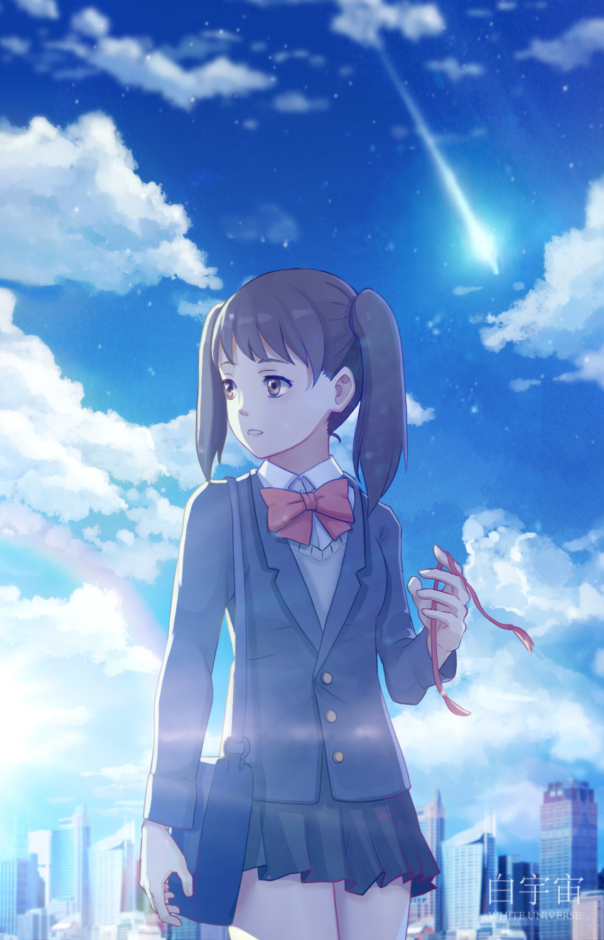 1girl, aoiakamaou, black_hair, bow, bowtie, brown_eyes, building, highres