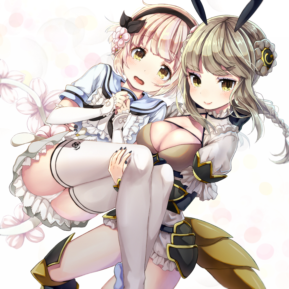 2girls, arm_guards, arm_warmers, armor, armored_boots, bangs, black_nails, black_ribbon